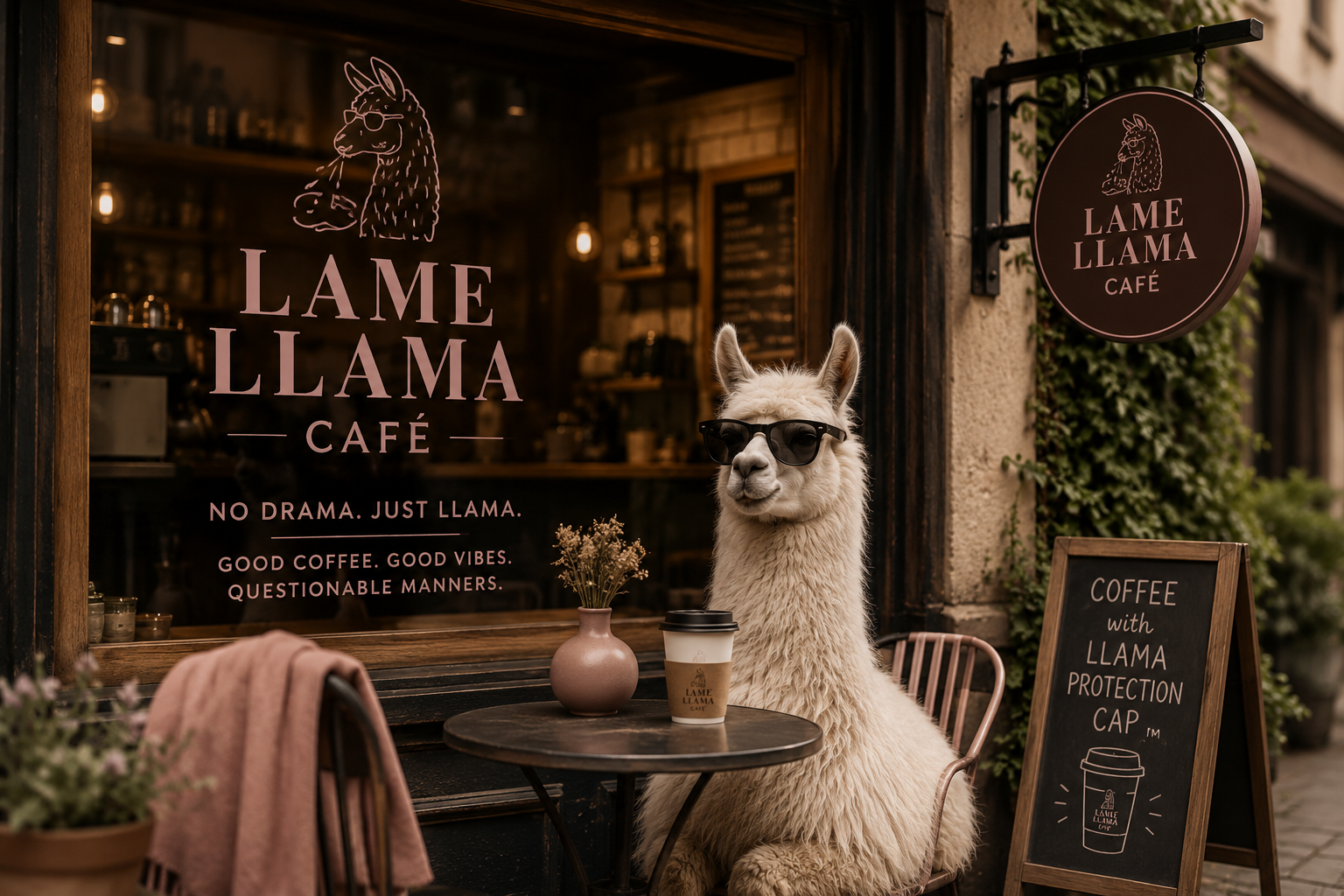 Lame Llama Café exterior with a llama wearing sunglasses on the terrace
